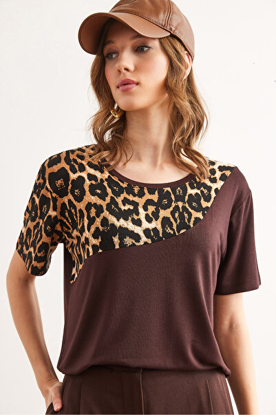 Olalook Női Bitter Coffee gallér Leopárd részletes kötött viszkóz póló TSH- 19000836