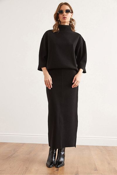 Olalook Black Thessaloniki Suit - Top Turuvakar Blouse and Slit Skirt Tkm- 19000355