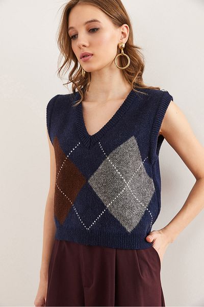 Olalook Women's Navy Blue Diamond Pattern Crop Knitwear Sweater Svt- 00000044