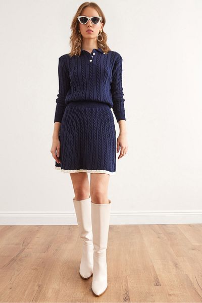 Olalook Women's Navy Blue Polo Neck Sweater Mini Skirt Knitwear Suit Tkm- 19000352