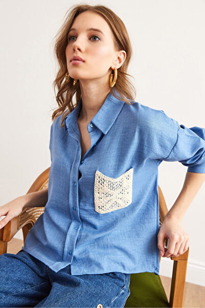 Olalook Women's Indigo Guipure Pocket Detail Linen Look Shirt Gml- 19001286