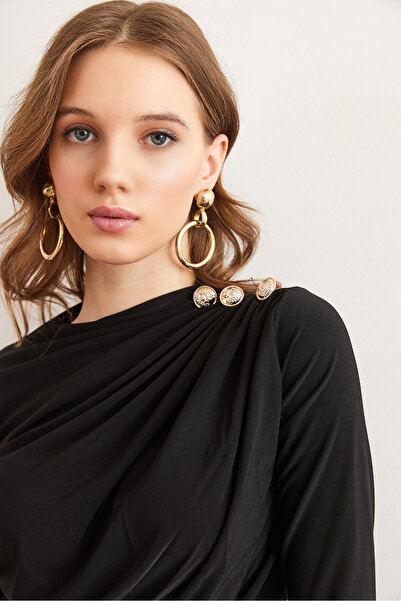 Olalook Women's Black Shoulder Buttoned Draped Detail Sandy Blouse Blz- 19002832