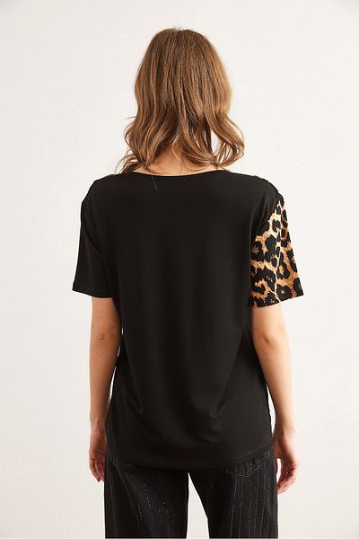 Olalook Dámské černé leopardí pletené viskózové tričko s límečkem TSH- 19000836