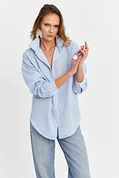 Cool & Sexy Μπλε ριγέ υπερμεγέθη γυναικείο πουκάμισο - ZER420