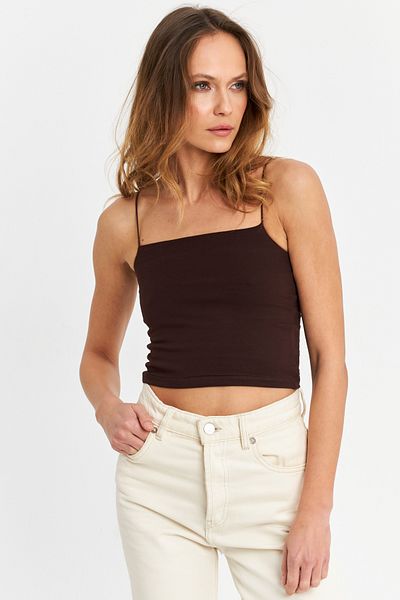 Cool & Sexy Γυναικεία Crop Μπλούζα Καφέ Σχοινί λουράκι - EV63