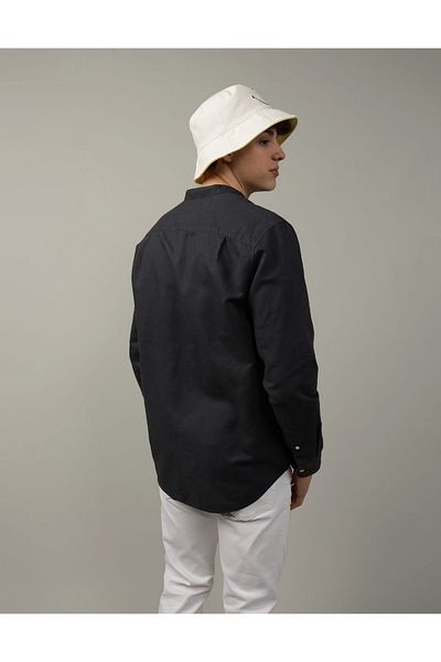 AMERICAN EAGLE Ae Band Collar Linen Button-Up Shirt