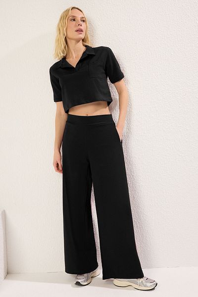 Trendyol Collection Black Crop Polo Neck Thin Knitted Bottom-Top Suit Twoss25Au00055