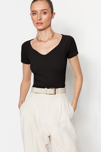 Trendyol Collection Stretchy Cord-Baumwoll-Anthrazit-Strickbluse – körperbetont, TWOSS21BZ0579