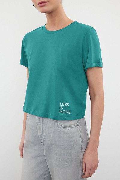 Trendyol Collection Tricou Turquoise Crop Crew Deck - 100% bumbac, imprimeu cu slogan, TWOSS23TS00125