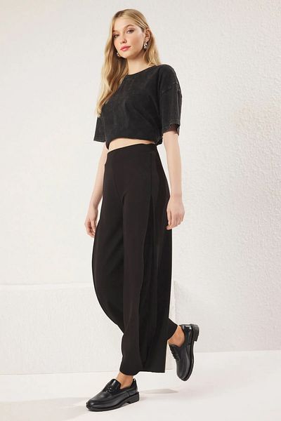 Trendyol Collection Black Side Pleated High Waist Stretchy Knitted Trousers Twoss25Pl00054