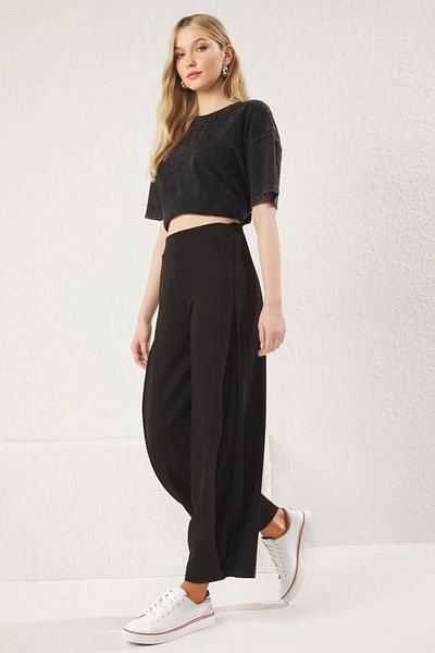 Trendyol Collection Black Side Pleated High Waist Stretchy Knitted Trousers Twoss25Pl00054