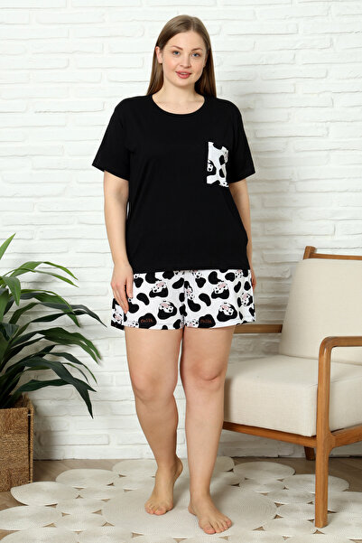 Trendyol Curve Black-Ecru Animal Patterned Garni Pocket Shorts Knitted Pajama Set Tbbss25Ai00094