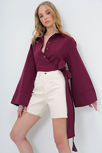 Trend Alaçatı Stili Női bordó széles mandzsetta ujjú részletes nyakkendős elülső poplin ing ALC-X13750