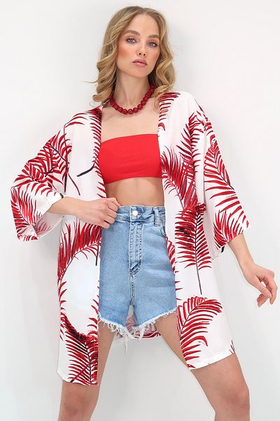 Trend Alaçatı Stili Jachetă kimono cu model roșu pentru femei ALC-X12134