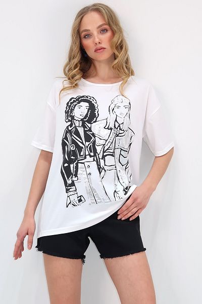 Trend Alaçatı Stili Γυναικείο T-Shirt με λαιμόκοψη Crew με στάμπα ALC-X12075