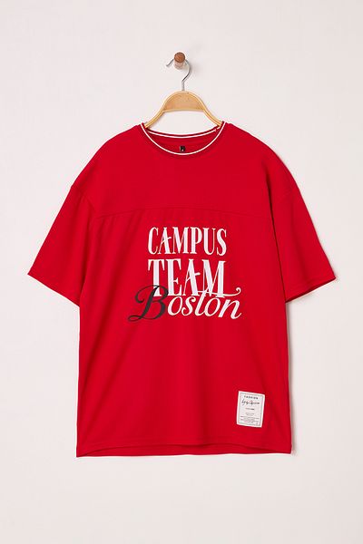 Trendyol Collection Red Oversize/Wide Cut Campus Team Printed V-Neck Jersey Fabric T-Shirt Tmnss25Ts00122