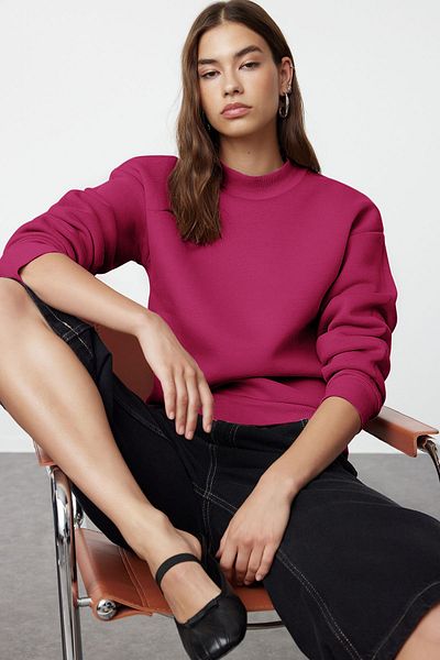 Trendyol Collection Φούτερ με μισό ζιβάγκο ροζ φλις άνετη εφαρμογή - TWOAW20SW0584