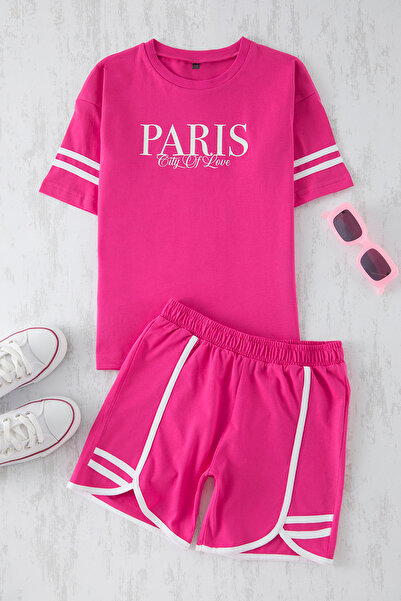 TRENDYOLKIDS Fuchsia Girl's Slogan Printed Knitted Bottom-Top Suit Tkdss25Au00046