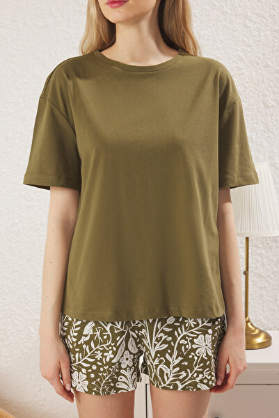 Trendyol Collection Khaki 100% Cotton Floral Knitted Pajamas Set Thmss25Pt00209