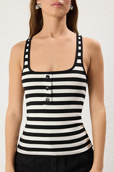 Trendyol Collection Εύκαμπτο εσώρουχο με λευκές ρίγες - γιακάς πισίνας, μαύρο*001 - TWOSS25AL00020