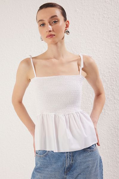 Trendyol Collection Ecru Cotton Poplin Detailed Strap Guipes Stretchy Knitted Blouse Twoss24Bz00393