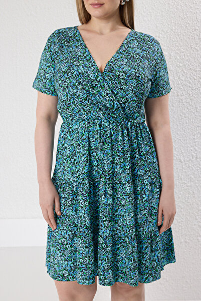 Trendyol Curve Petrol V-Neck Floral Print Stakter Knitted Plus Size Dress Tbbss22El1638