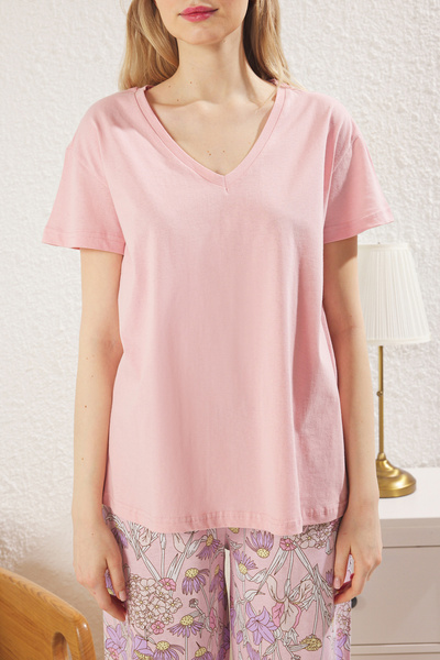 Trendyol Collection Sada růžových květinových pletených pyžama Single Jersey Thmss24Pt00210