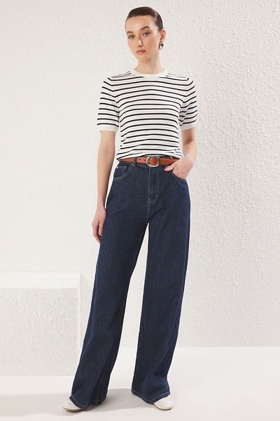 Trendyol Collection Ecru Striped Basic Viscose Blended Knitwear Thin Blouse Twoss25Bz00488