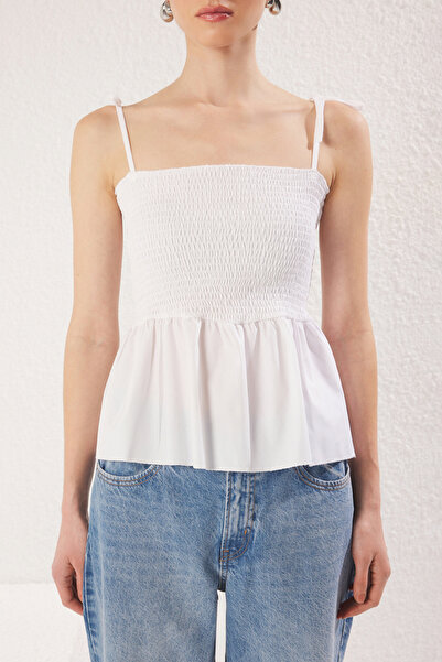 Trendyol Collection Ecru Cotton Poplin Fitted Detailed Strap Guipes Stretchy Knitted Blouse Twoss24Bz00393