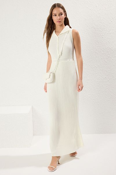 Trendyol Collection Bone Straight Regular Waist Belt Detailed Ribbed Knitwear Dress Twoss25El00487