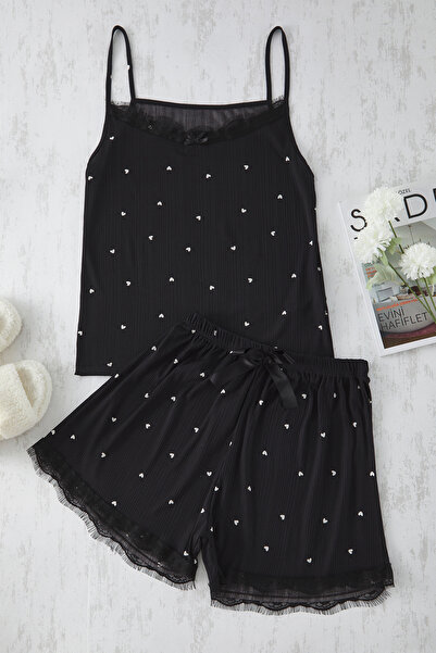 Trendyol Curve Black Heart Patterned Ribbed Knitted Pajamas Set Tbbss25Ai00050