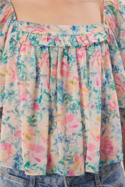 Trendyol Collection Πράσινη υφαντή μπλούζα με τετράγωνο γιακά σιφόν με μπαλόνι TWOSS25BZ00351