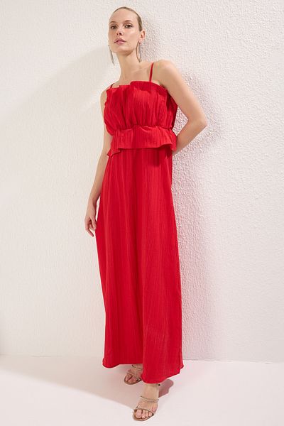 Trendyol Collection Rotes, gerades, gewebtes Spitzen-Maxi-Abendkleid und Heimkehrkleid