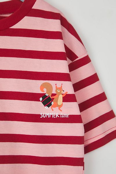 TRENDYOLKIDS Tricou tricotat cu mânecă scurtă, unisex, 100% bumbac, cu dungi, cu imprimeu supradimensionat, TKDSS25TS00037