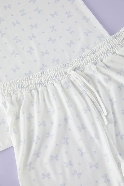 Trendyol Curve Ecru-Blue Ribbon/Bow Pattern Knitted Pajamas Set Tbbss25Ai00038