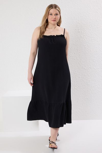 Trendyol Curve Φόρεμα Maxi με υφή ανθρακί μουσελίνας μεγάλου μεγέθους - Strap Beach Clothing TBBSS25AH00096