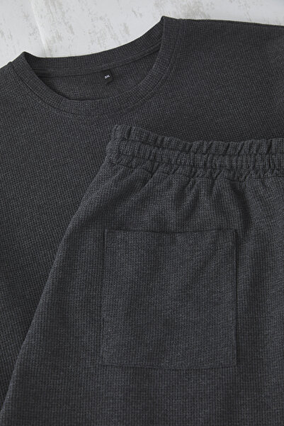 Trendyol Collection Anthracite Regular Fit Waffle Knitted Shorts Plus Size Pajamas Set Tmnss25Ai00005
