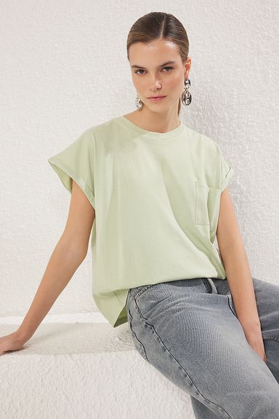 Trendyol Collection Mint 100% Cotton Relaxed/Comfortable Fit Pocket Detail Knitted T-Shirt Twoss25Ts00085