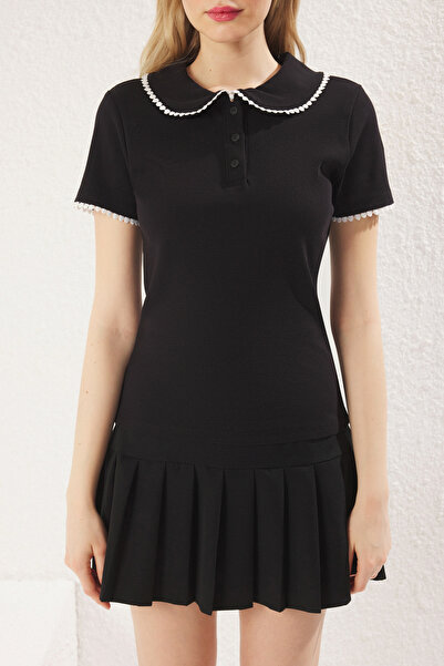 Trendyol Collection Black Color-Blocking Baby Lapel Button-Fitting Stretchy Ribbed Knitted Blouse Twoss25Bz00230