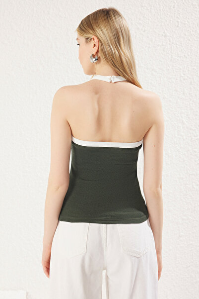Trendyol Collection Khaki Color-Blocking Halter Ribbed Stretchy Knitted Blouse Twoss24Bz00162
