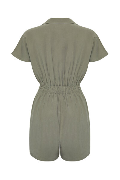 Trendyol Collection Limited Edition Khaki Elastic Waist Zipper Detailed Modal Mini Woven Jumpsuit Twoss25Tu00026