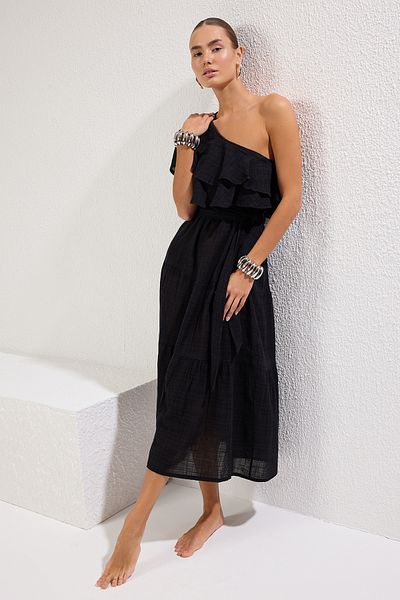Trendyol Collection Beachwear Schwarzes Maxikleid mit gewebter Schulterpartie und Volant in Leinenoptik TBESS25EL00072