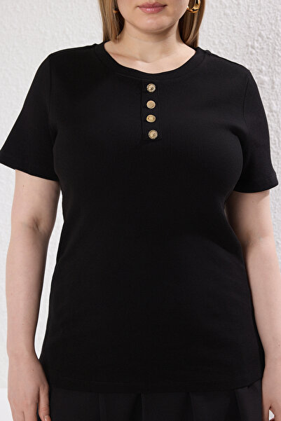 Trendyol Curve Black Buttoned Bodysitting Camisole Knitted Plus Size Blouse Tbbss25Af00088