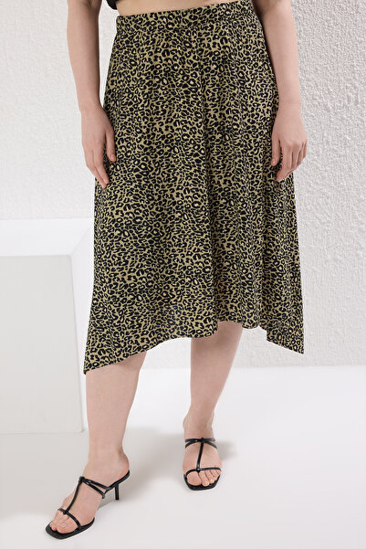 Trendyol Curve Plus Size Asymmetrical Khaki Leopard Print Knitted Skirt - Tbbss22Et0253