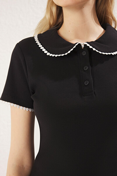 Trendyol Collection Black Color-Blocking Baby Lapel Button-Fitting Stretchy Ribbed Knitted Blouse Twoss25Bz00230