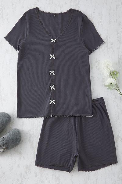 Trendyol Curve Kötött pizsama szett - antracit, szalag és masni részlet Camisole TBBSS25AI00057