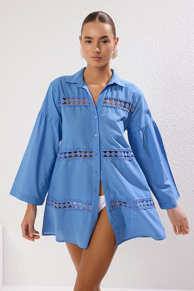 Trendyol Collection Modrá tkaná plážová košile ze 100% bavlny TBESS22GO0213