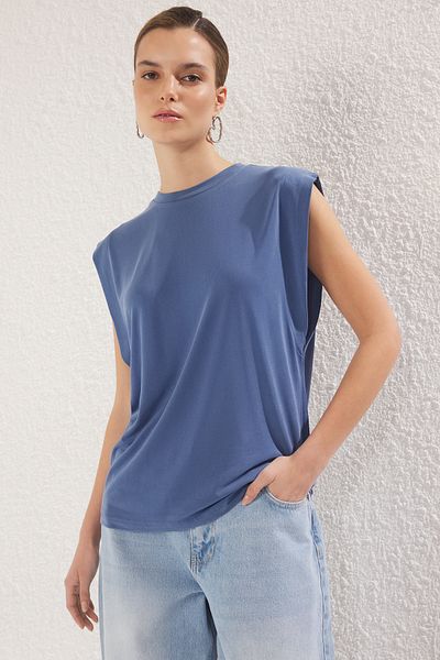 Trendyol Collection Indigo Modal Conținut Moon Sleeve Regular/Regular Fit Crewneck Tricou tricotat TWOSS25TS00001