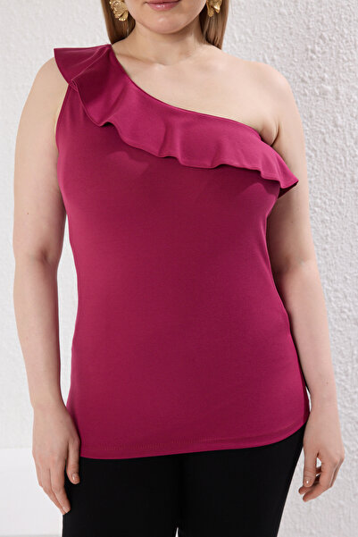 Trendyol Curve Πλεκτή μπλούζα με βολάν από σκούρο κεράσι σε μέγεθος - TBBSS25AF00079