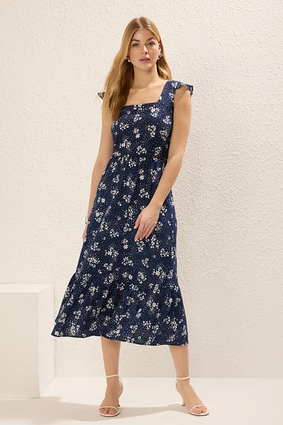 Trendyol Collection Sötét sötétkék fodros szoknya, virágmintás midi ruha - TWOSS20EL3331